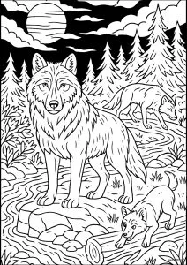 Three wolves in a forest under the moon