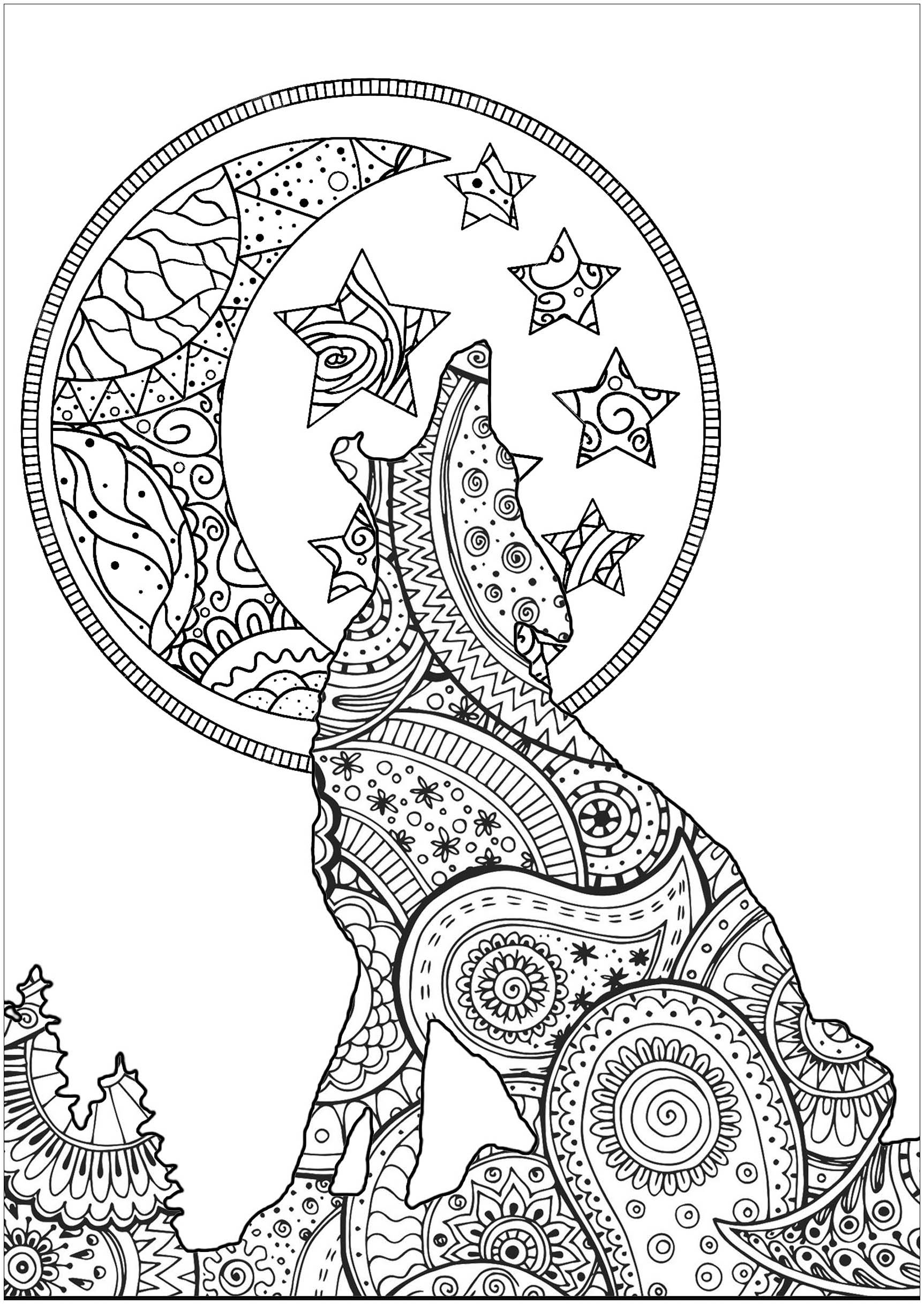 Pretty silhouette of moonlight wolf, with patterns mixing Zentangle and Paisley shapes, Artist : Art. Isabelle