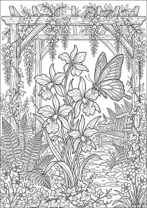 Large butterfly on flowers under an arch in a lovely garden
