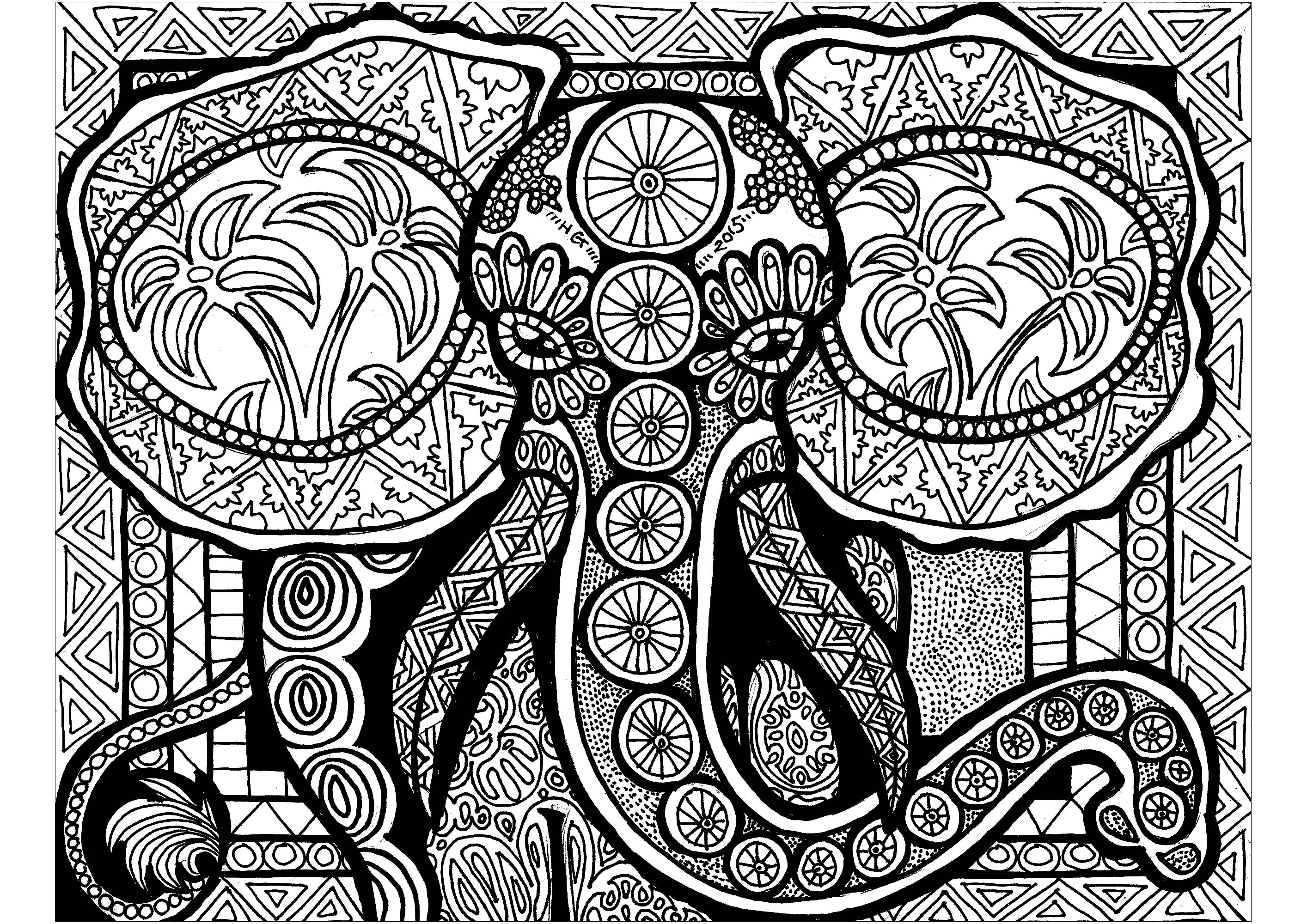 This majestic Zentangle elephant just needs some colors!, Artist : HGCreative. Arts