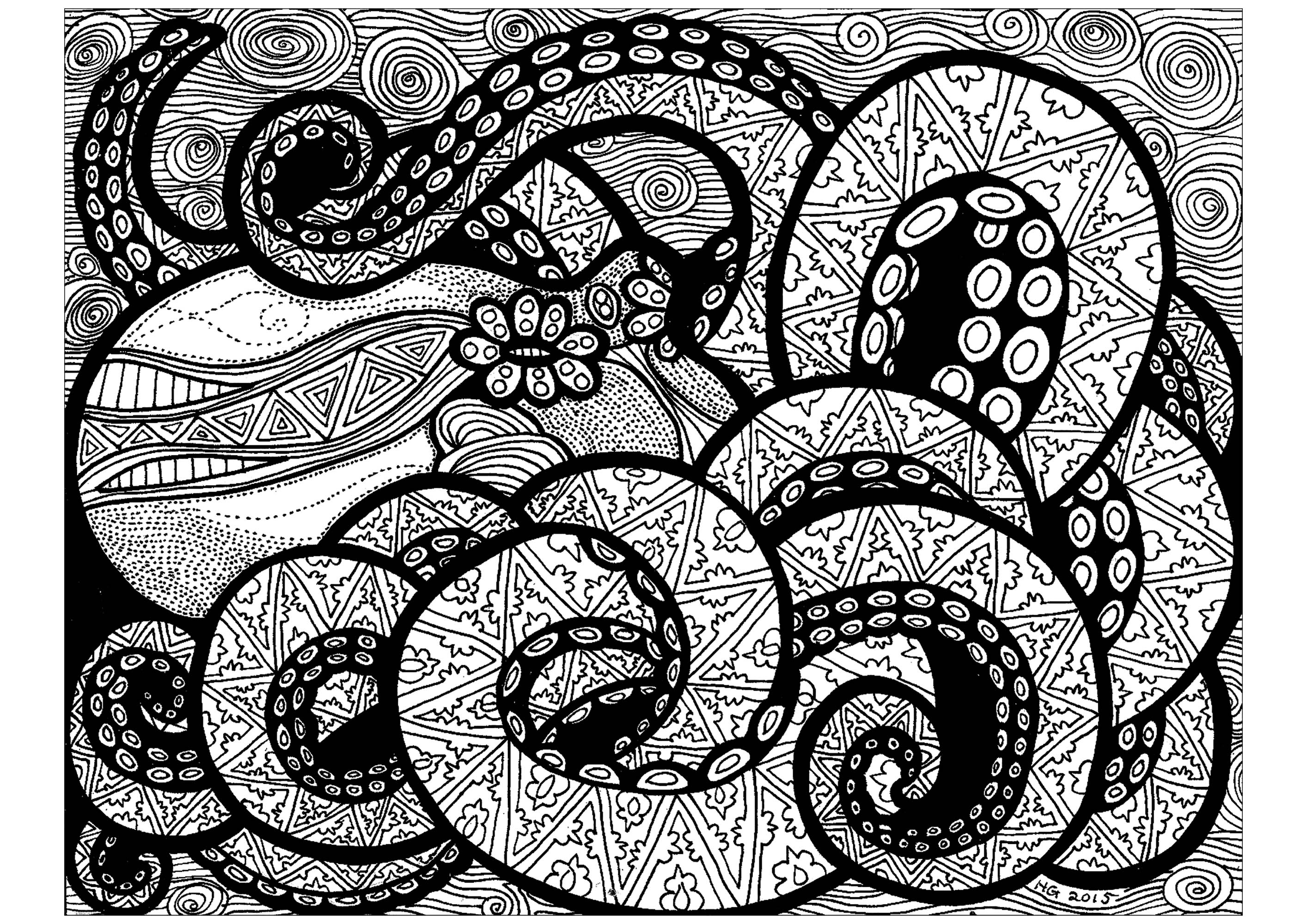 With its many tentacles, this octopus will need you to focus a lot while coloring him !, Artist : HGCreative. Arts