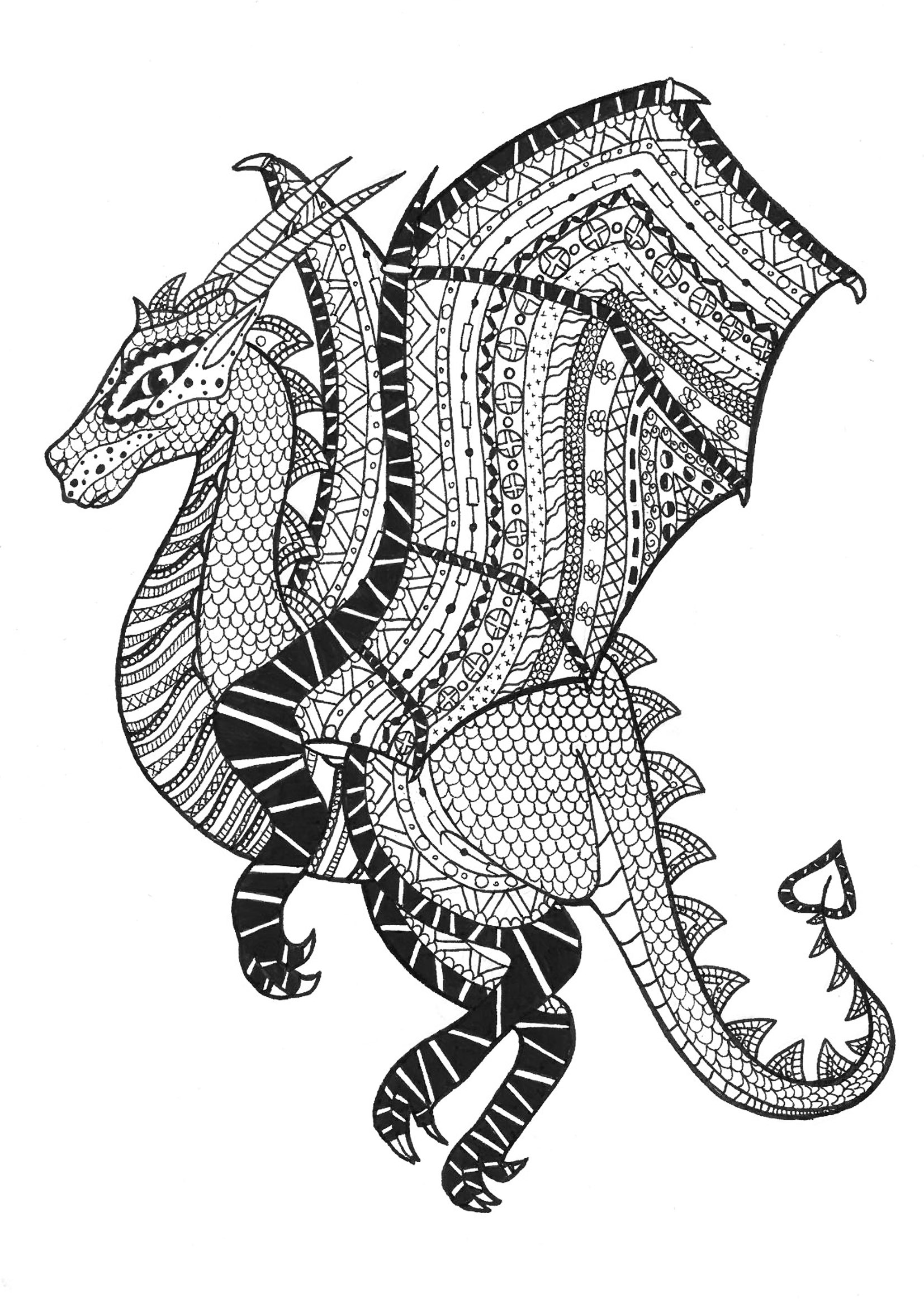 Zentangle-style dragon. Many patterns to color in the wings and body of this dragon, Artist : Rachel