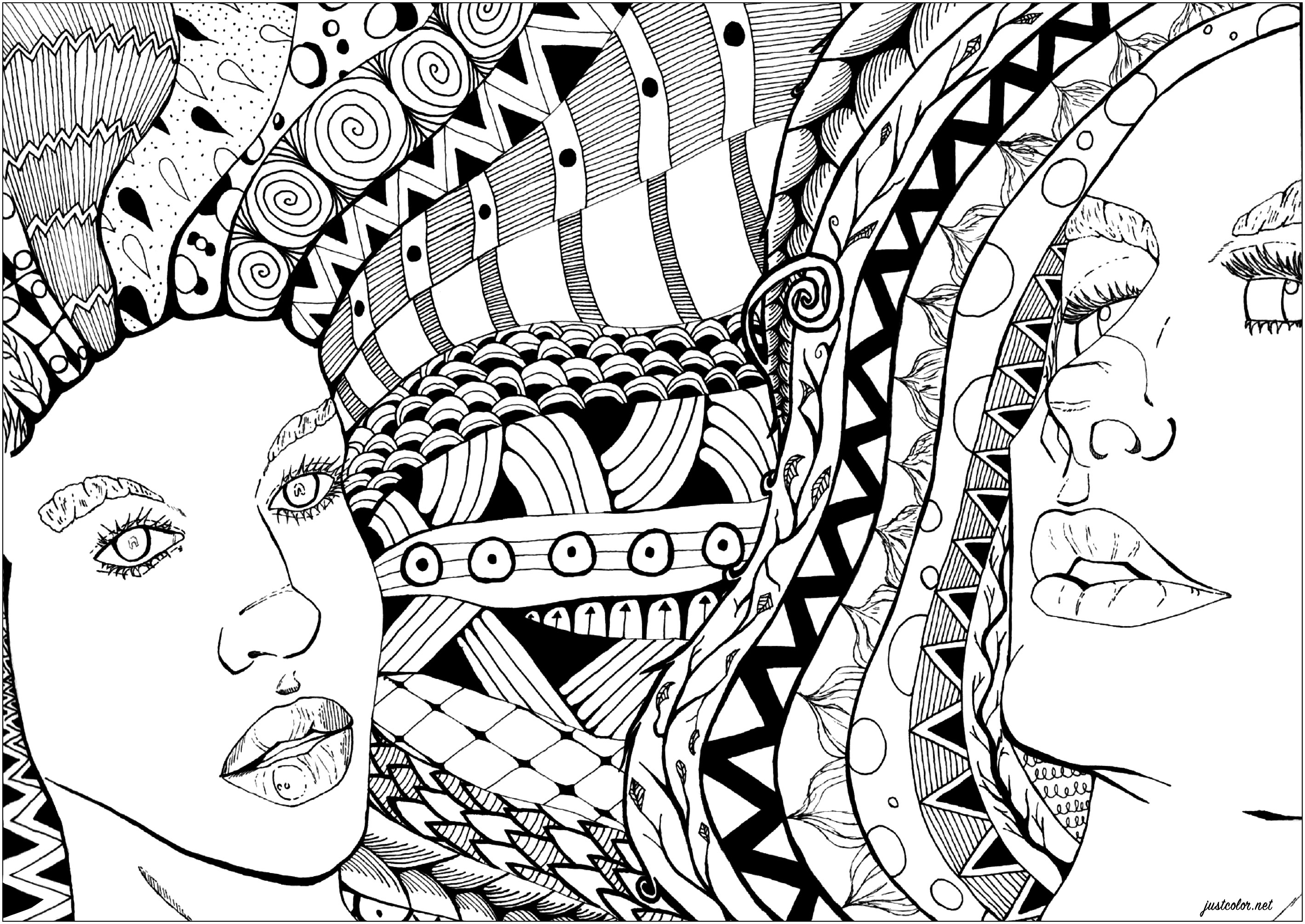 A beautiful design awaits your coloring skills, featuring two complex-haired women's faces with patterns drawn in the Zentangle style. Prepare to be absorbed by the fascinating details of each strand, and let your imagination run wild with color choices to bring these beautiful portraits to life, Artist : Amazian Y-A