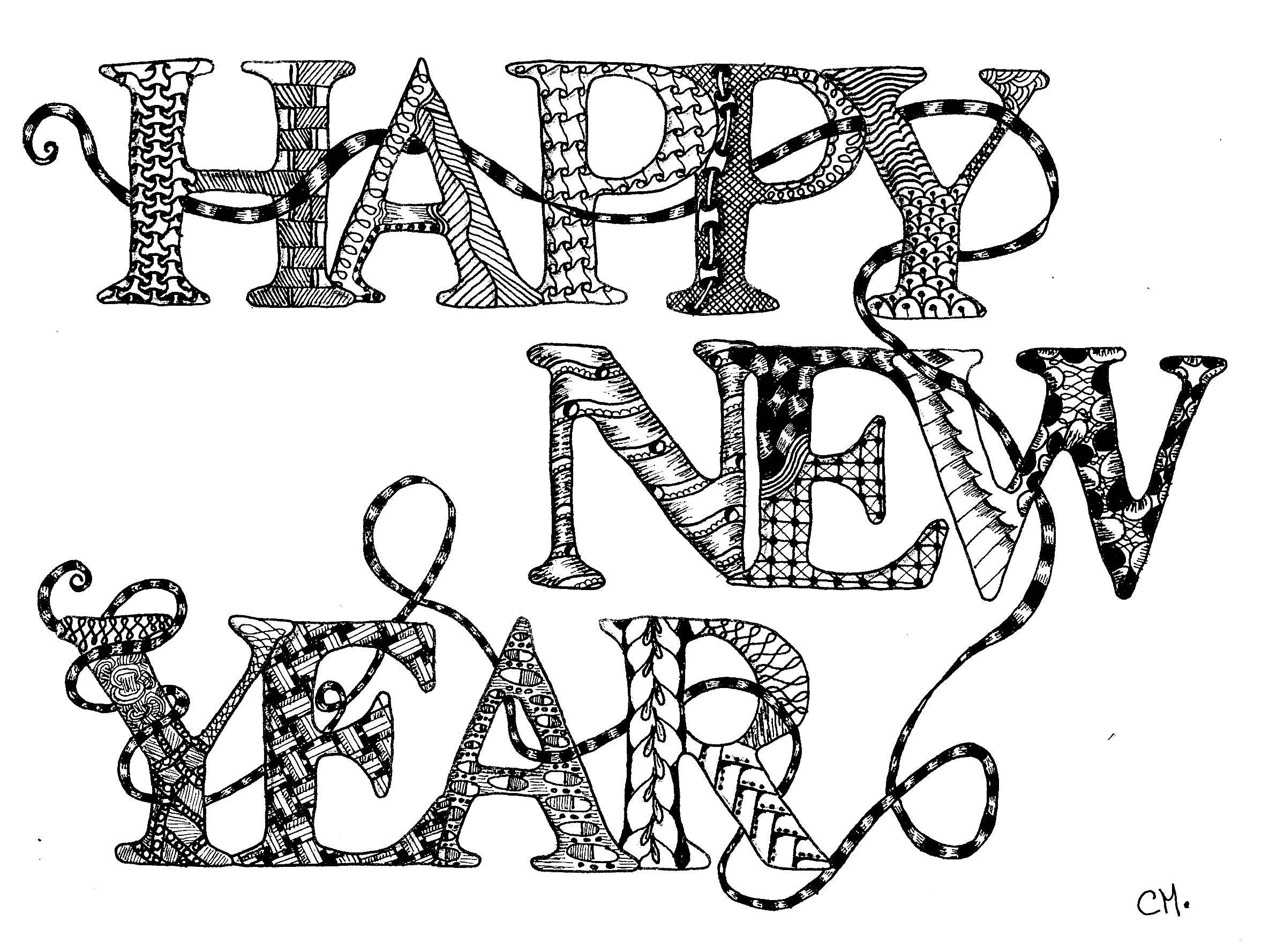 'Happy New Year', original coloring book Zentangle style, Artist : Cathy M