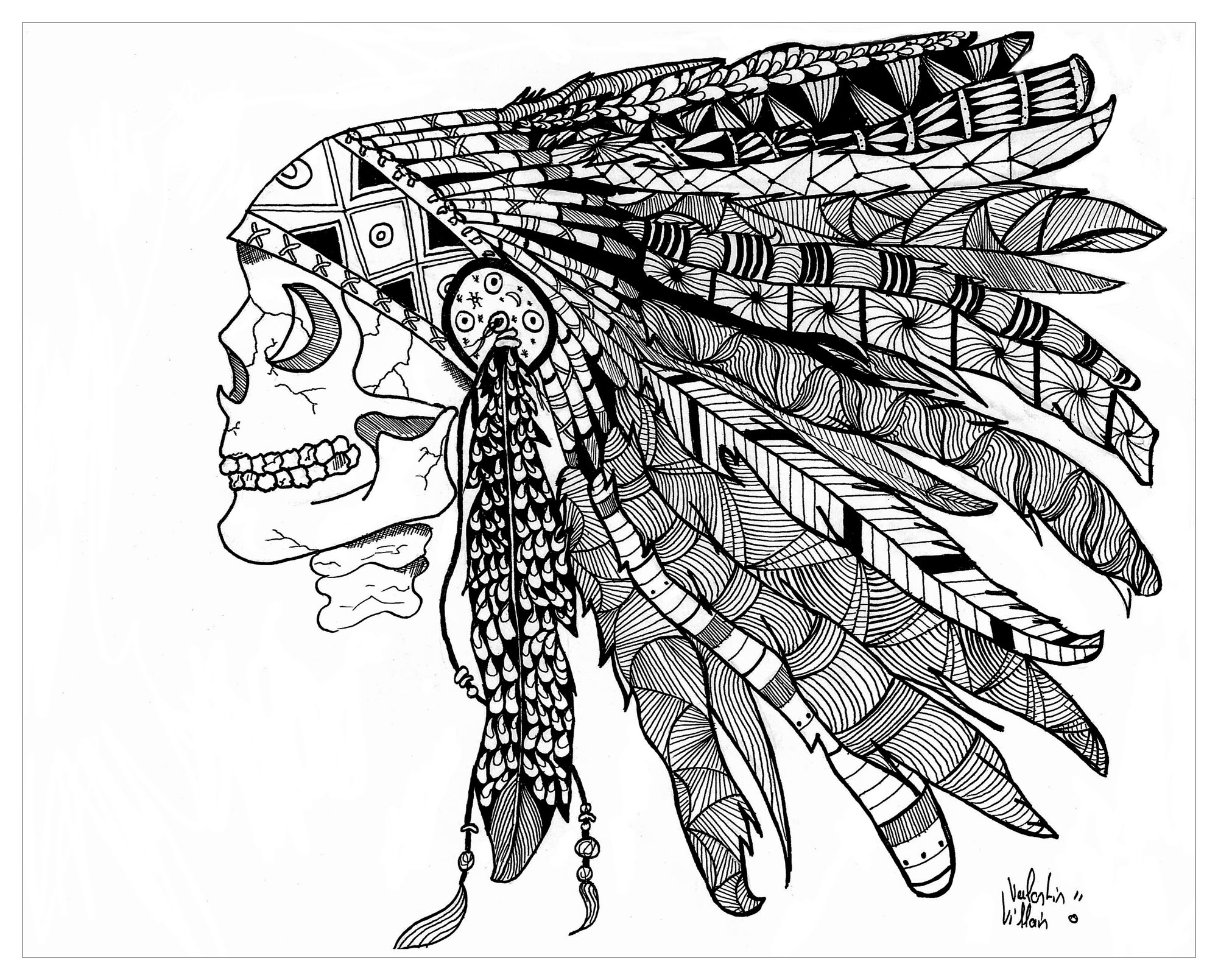 Zentangle drawing representing a Indian / Native American Skull, Artist : Valentin