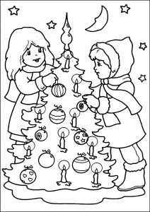 Criança Kawaii abrindo presentes na página para colorir de Natal