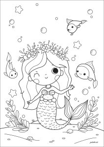 Pequena sereia bonita com peixes e plantas do fundo do mar