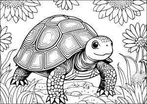 Große, hübsche Schildkröte mit blumigem Hintergrund